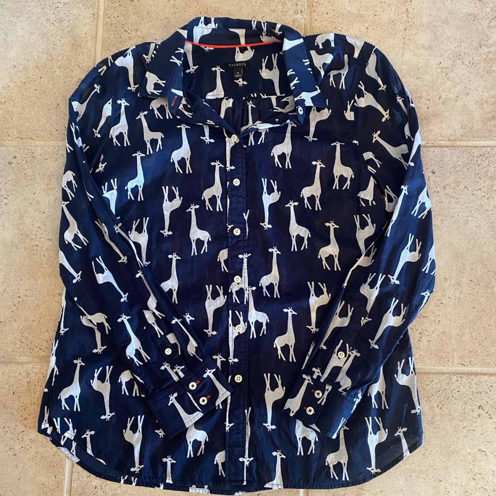Talbots Giraffe button down. Navy With orange trim.